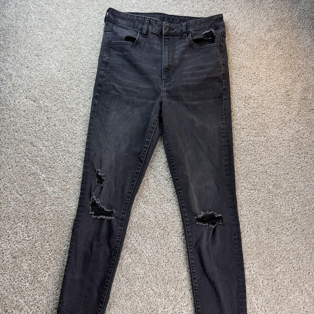 American Eagle Next Level Skinny Jeans Womens 12 Long Black Distressed Stretch